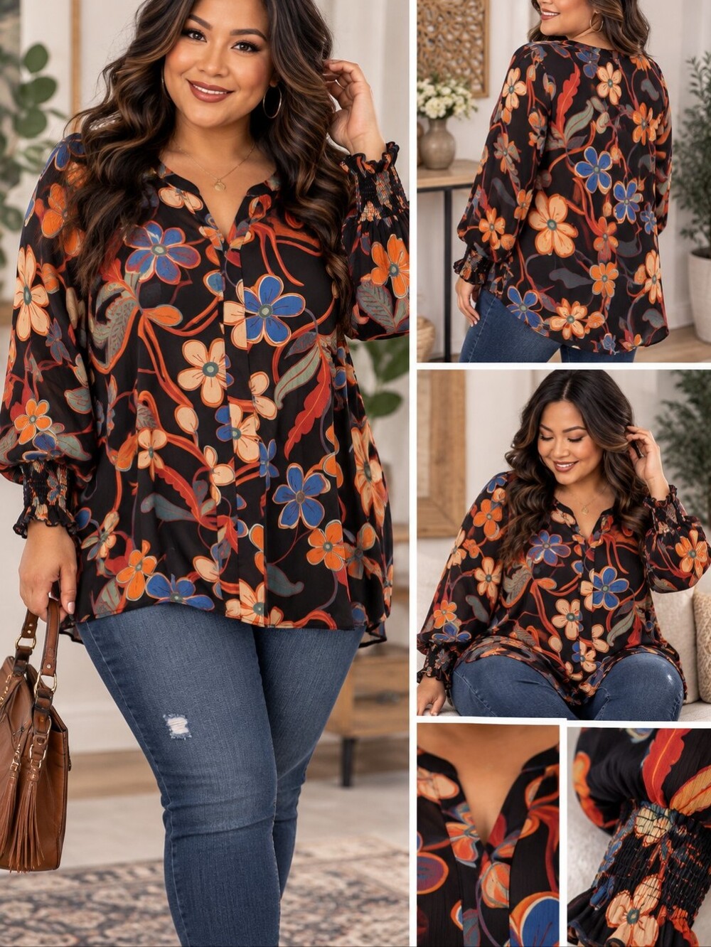 Easel 1X NWT Black Multicolor Floral Boho Blouse Smocked Ruffle Sleeve